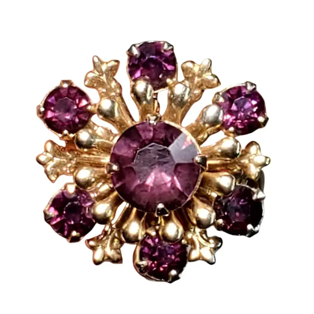 Starburst Scatter Brooch Purple Rhinestones Gold Tone Riveted Back 1/2